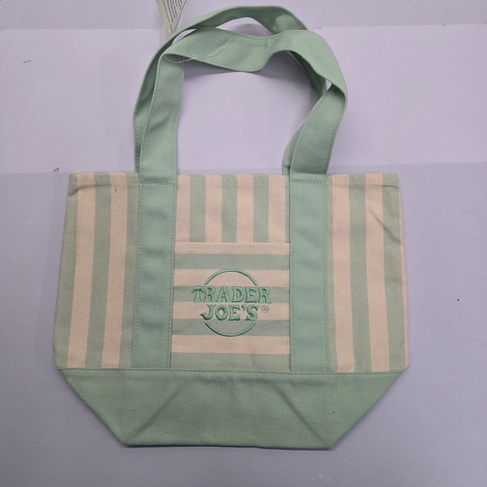 Trader Joes Mini Canvas Tote Bag Light Green Striped Cotton Blend 84312